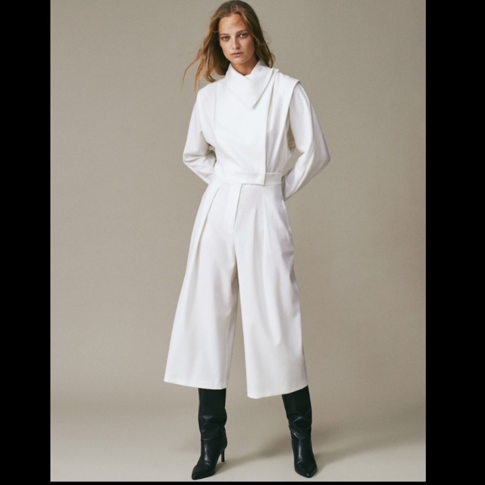 Massimo Dutti White Wide-Leg Cropped Jumpsuit